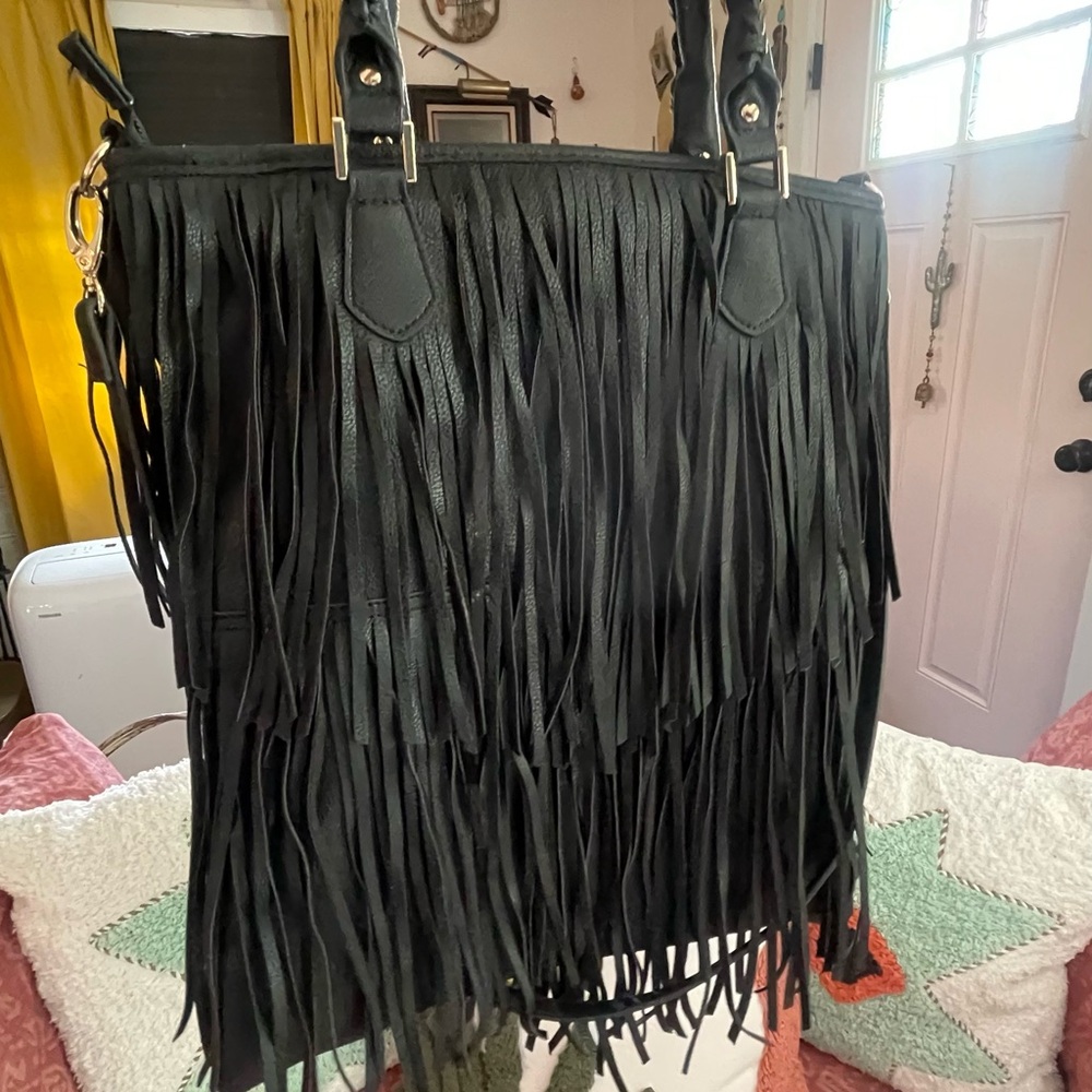 Black Fringe Leather Tote Bag